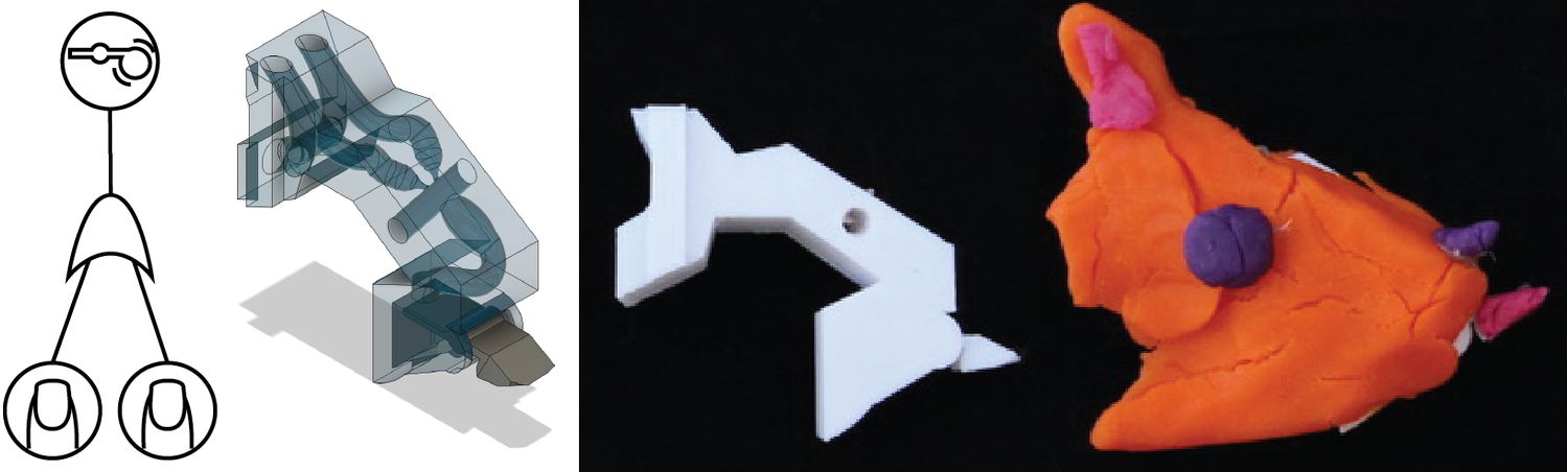 A diagram of a stick figure holding two balls, a 3D model of a twisting
mechanism, and a split view of a white 3D printed part and an orange clay
dog.