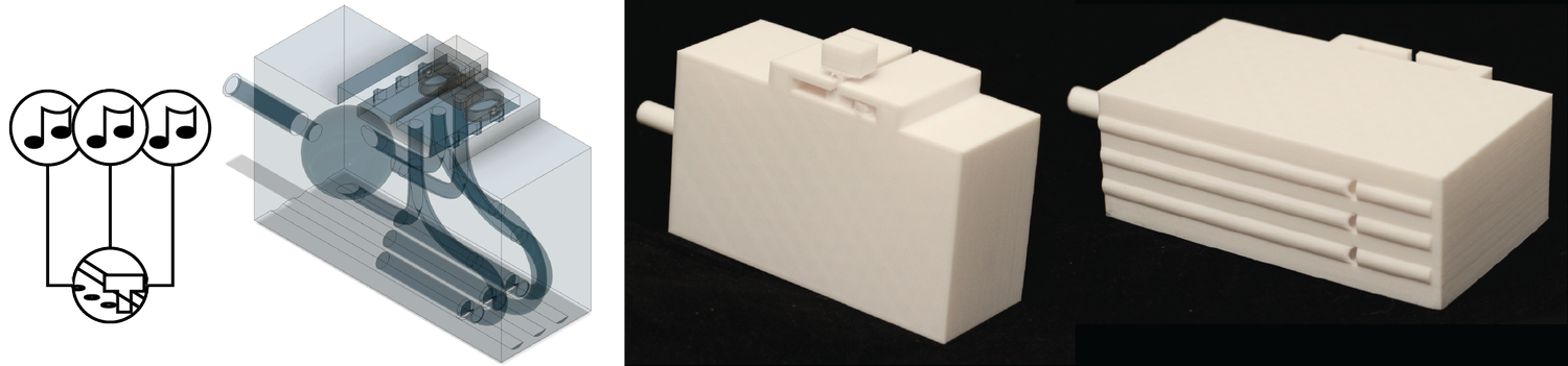 Diagram shows a mechanical music box concept with musical notes and
hand-crank. Next to it, two white 3D-printed models of the music
box.