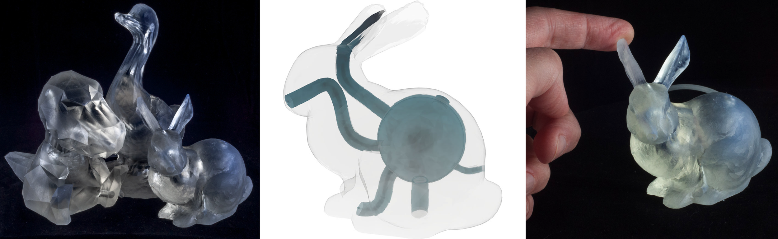 Three-part image: Left shows clear animal sculptures—dinosaur, duck, rabbit.
Middle is a translucent rabbit with dark internal tubes. Right features a finger
touching a translucent rabbit ear.