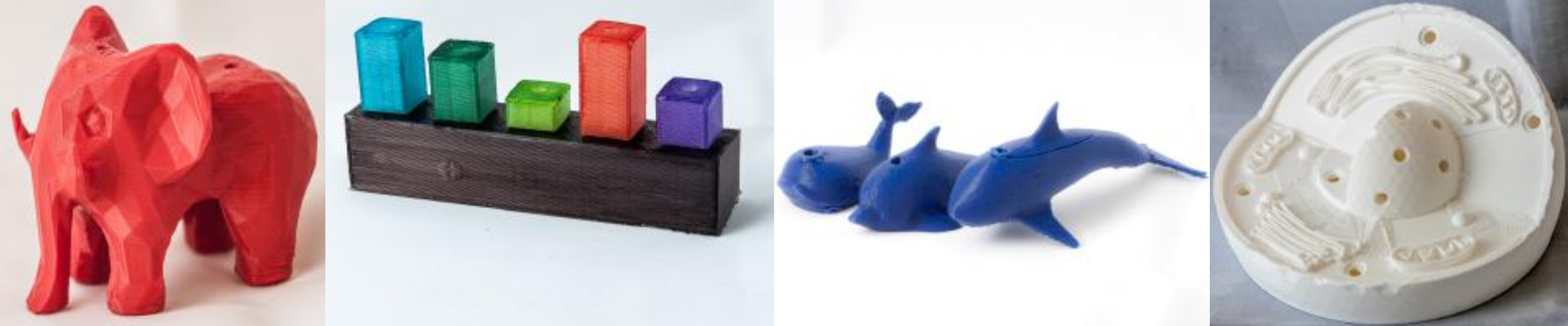 A collage featuring a red geometric elephant figurine, colorful geometric
blocks in a wooden holder (representing a physical bar chart), three blue
cetaceans  figures, and a circular white cell
model.
