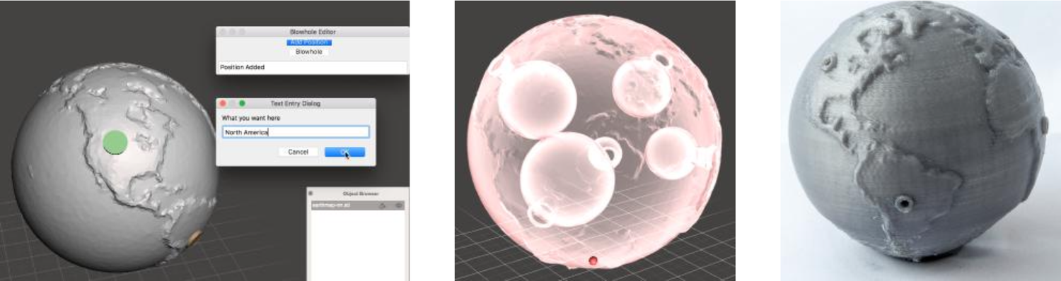 Three images depict the process of designing and 3D printing a globe. The
first image shows a digital globe model with a highlighted point labeled “North
America.” The second image displays a semi-transparent globe with internal
structures, viewed in design software. The third image features the finished,
textured 3D-printed globe on a white surface. The overall tone conveys
innovation and creativity.