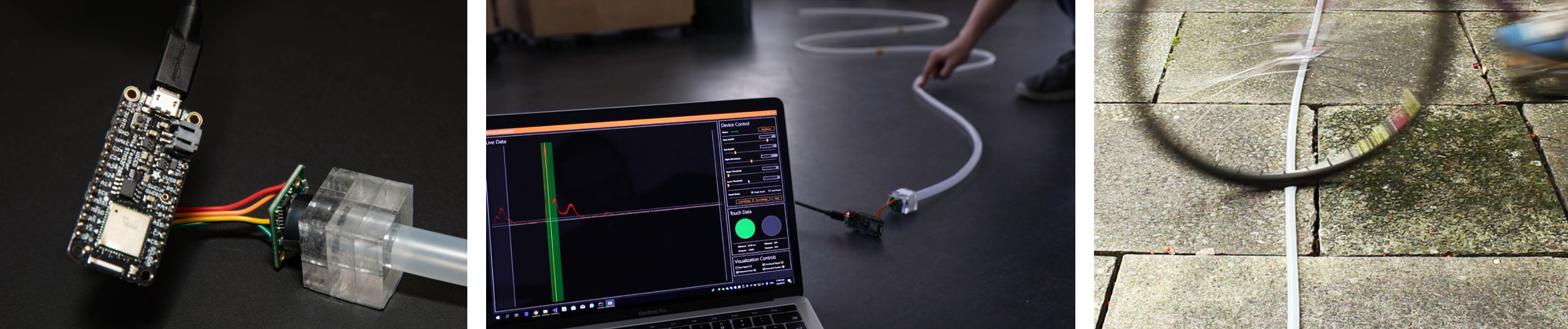 A microcontroller connected to a pressure sensor, displaying data on a laptop.
A tube on the ground is compressed by a bicycle tire, suggesting an
experiment.