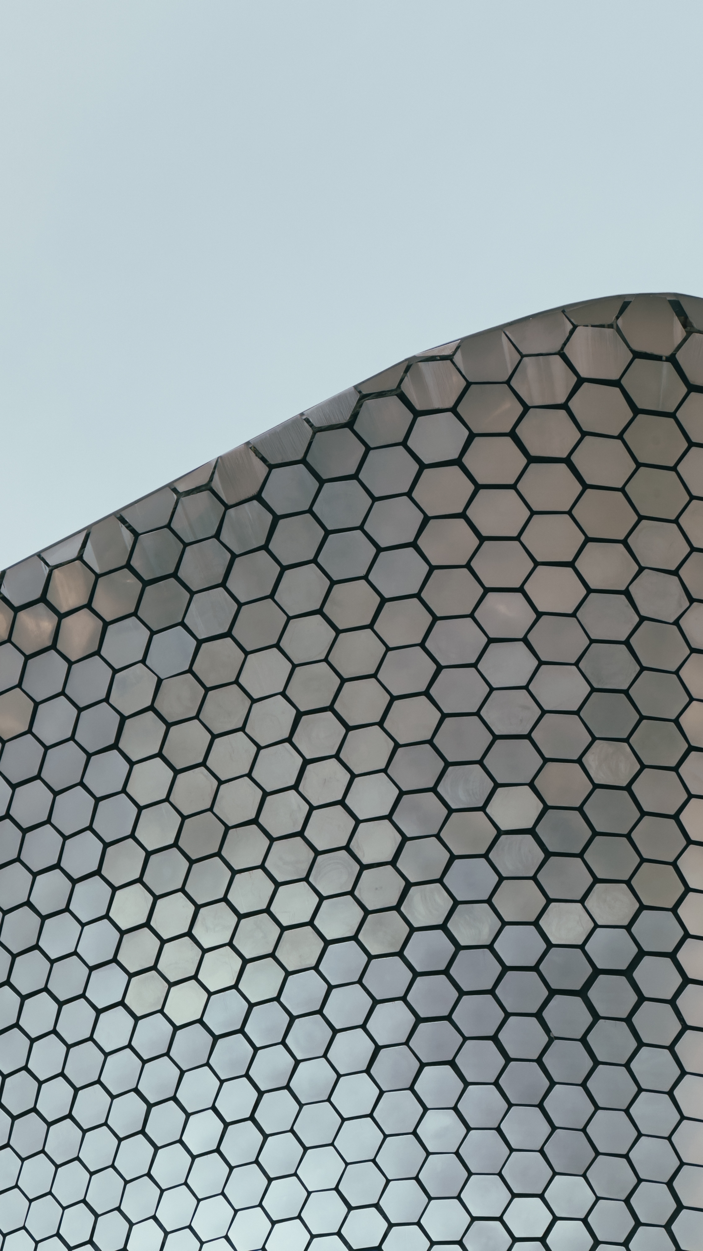 A modern architectural facade with a curving, reflective surface covered in a
pattern of metallic hexagons against a pale
sky.