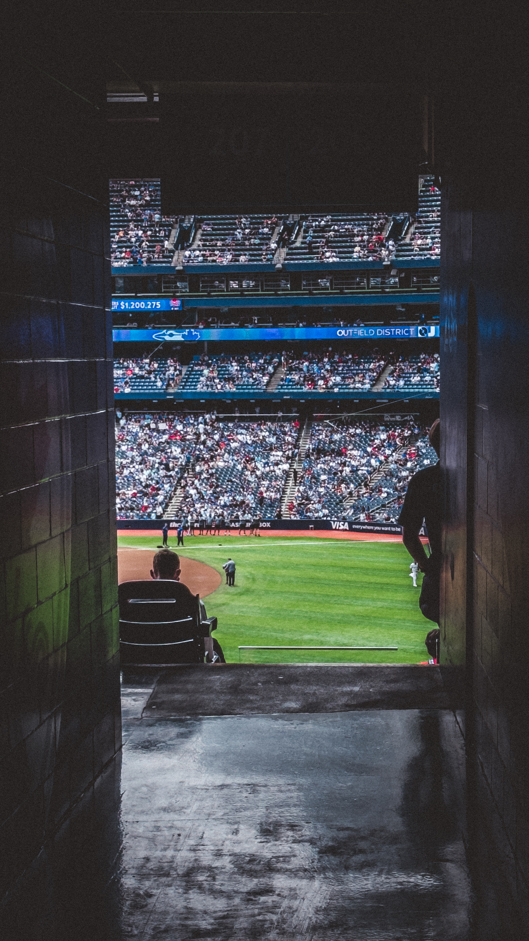 A view of a baseball stadium from a dark tunnel, looking out onto the field
and stands filled with spectators, with a single person seated in a wheelchair
at the tunnel’s exit.